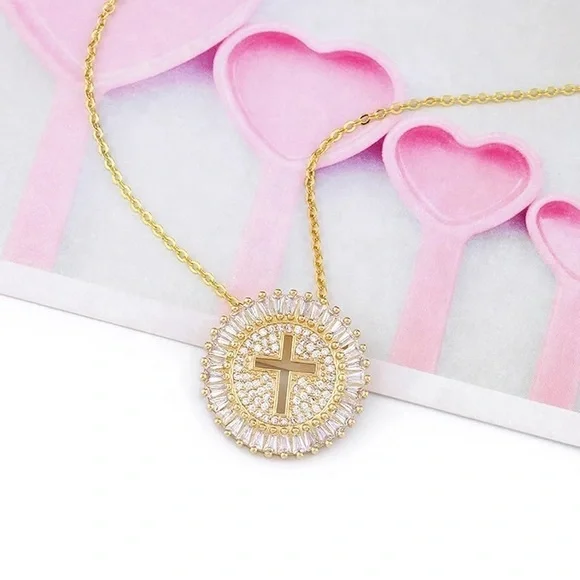 New Unisex Yellow Gold Plated Round Cut Diamond Necklace - Picture 2 of 4